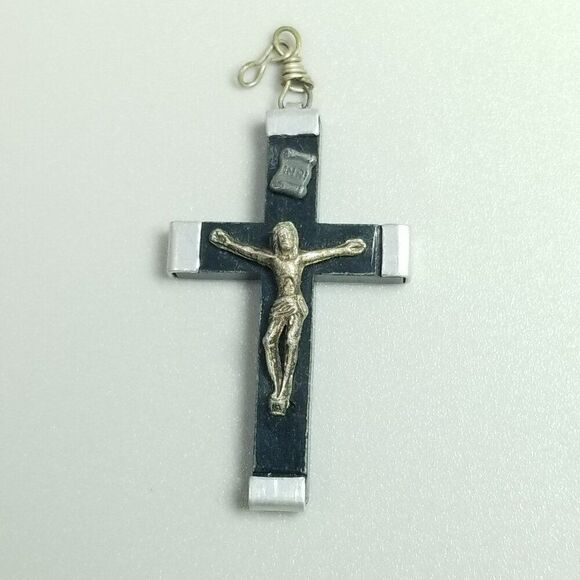 Vintage Black and Silver Tone Crucifix Cross Pendant, INRI, 1 1/2 Inch Long - Picture 2 of 9